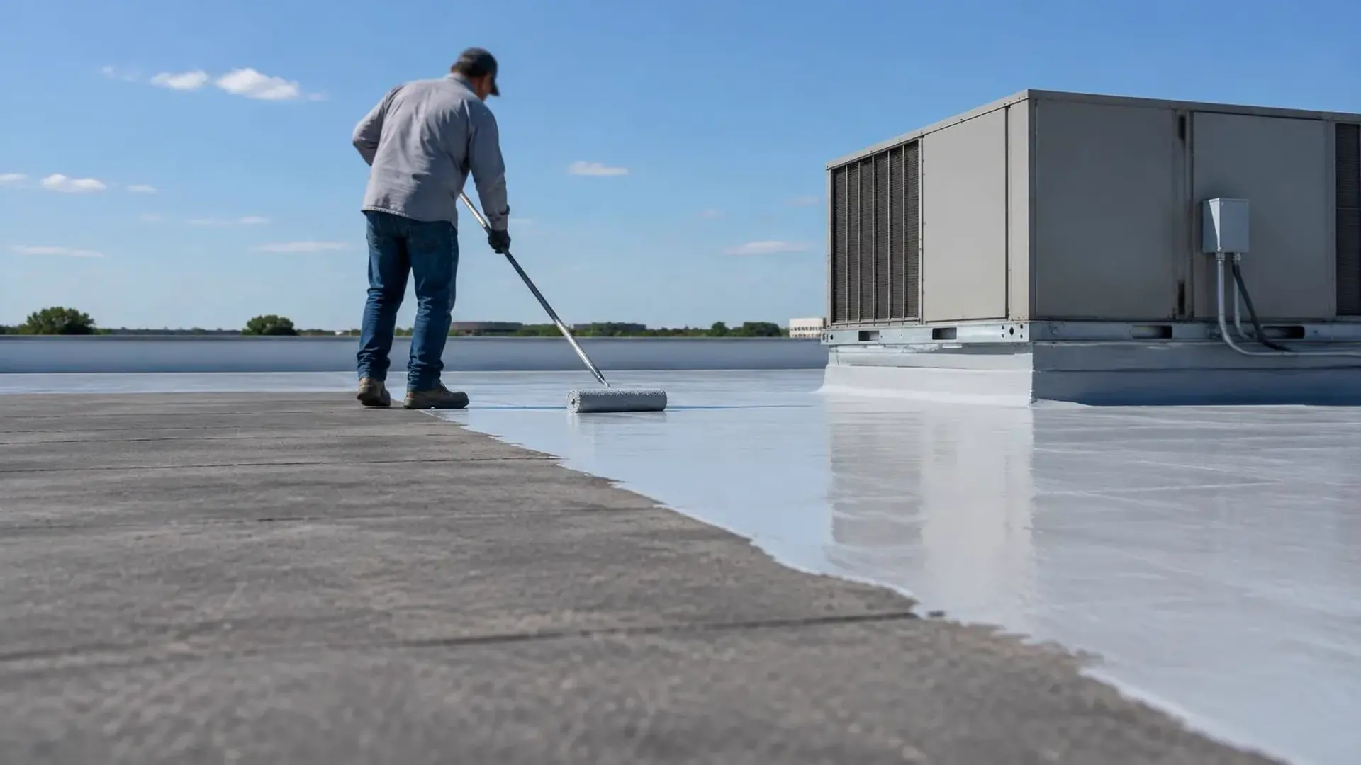 Roofer applying a light coating to a flat roof.