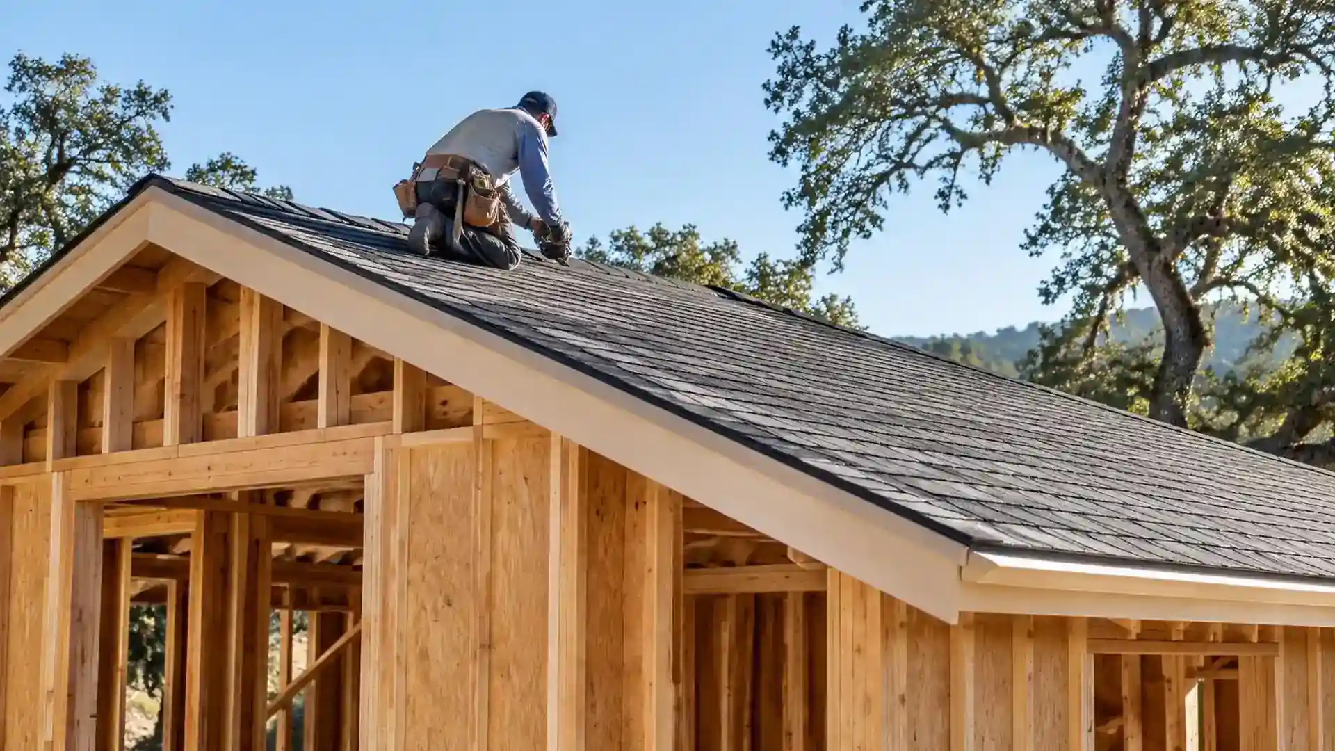 Roofer working near the ridge of a new home.