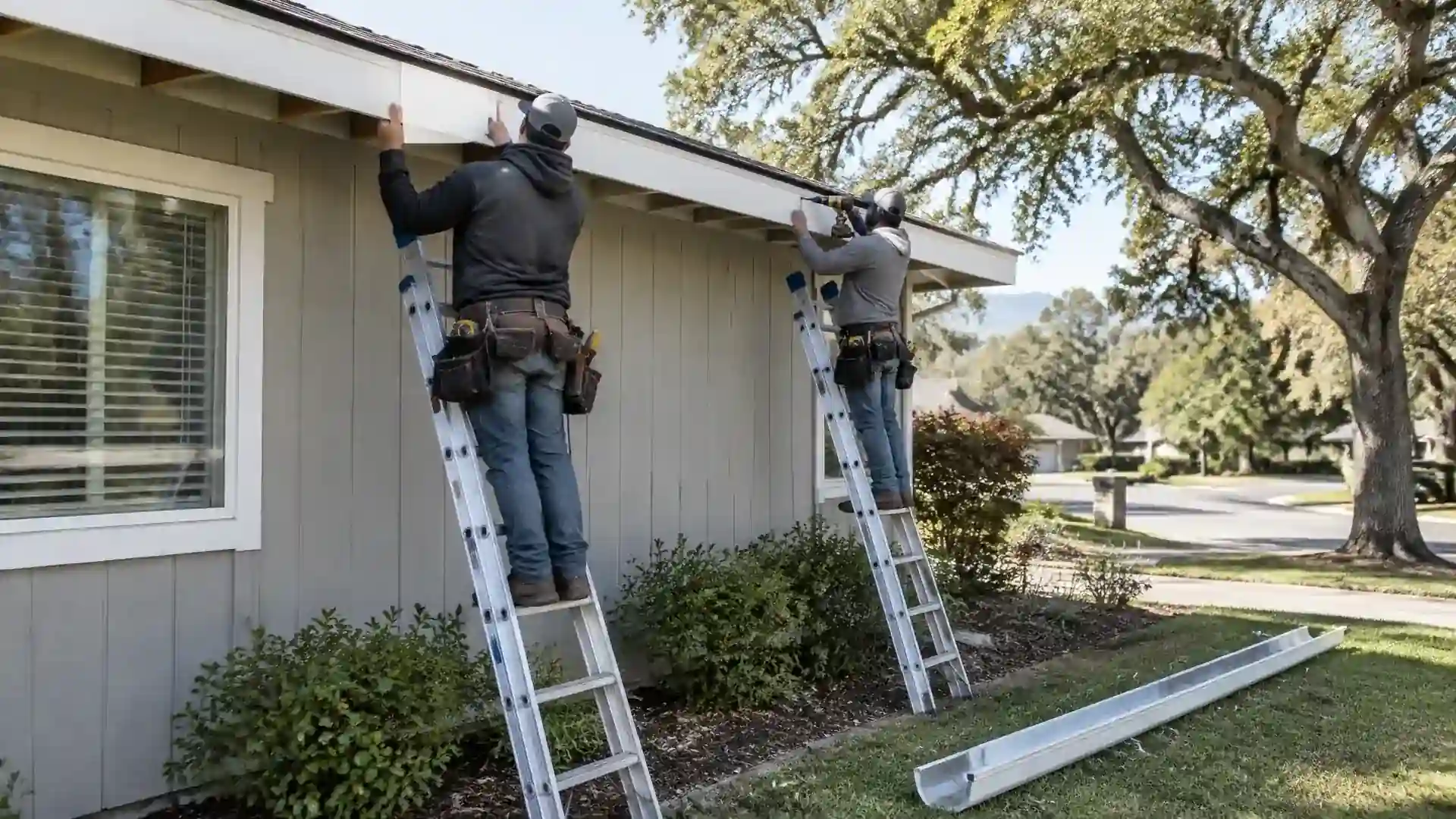 Roofers fastening a new fascia board at the edge of a roof.