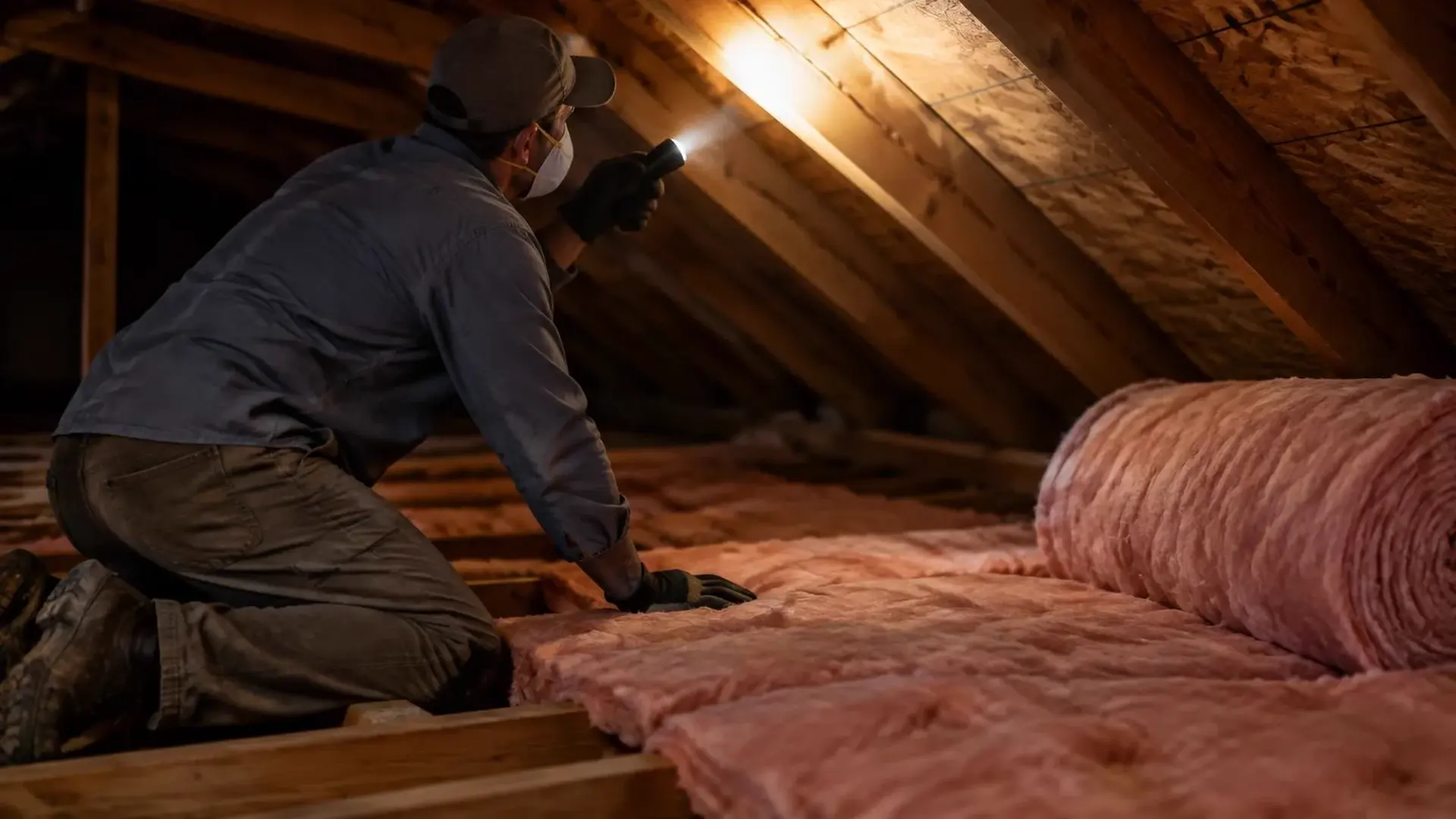 Roofer working on attic insulation between joists under the rafters.