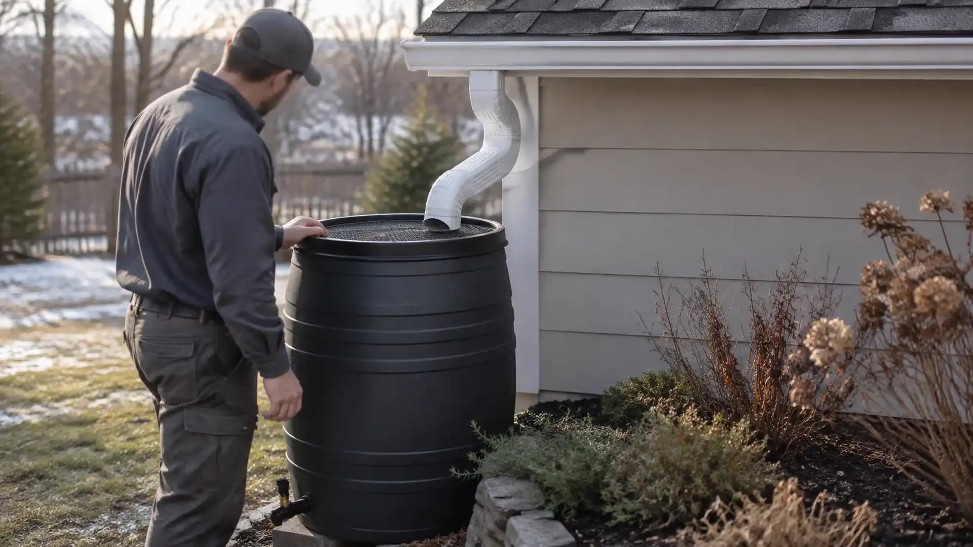 Downspout feeding a screened rain barrel beside a garden bed.