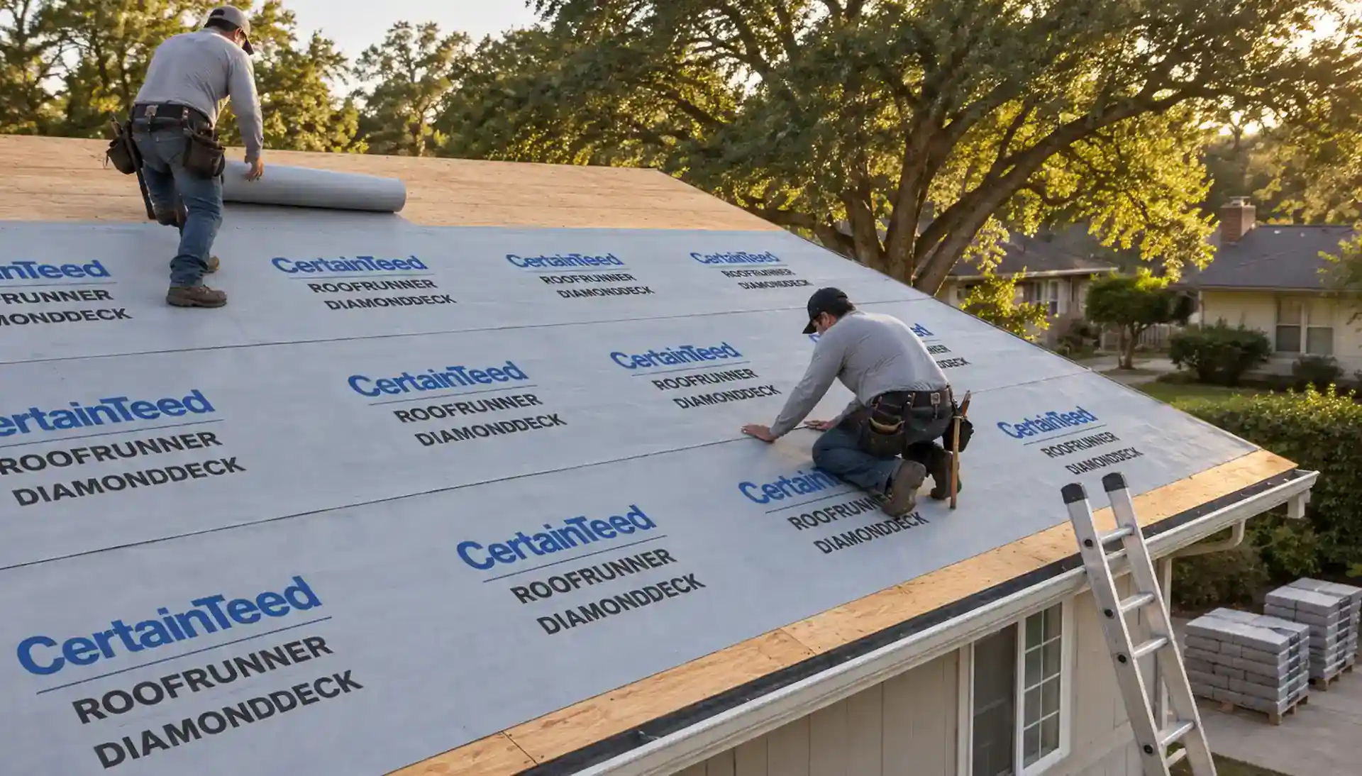 Roofers unrolling synthetic underlayment over a bare roof deck.