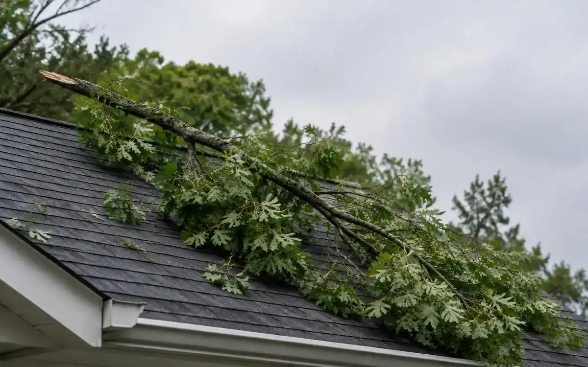 Fallen oak branch on a shingle roof after a storm