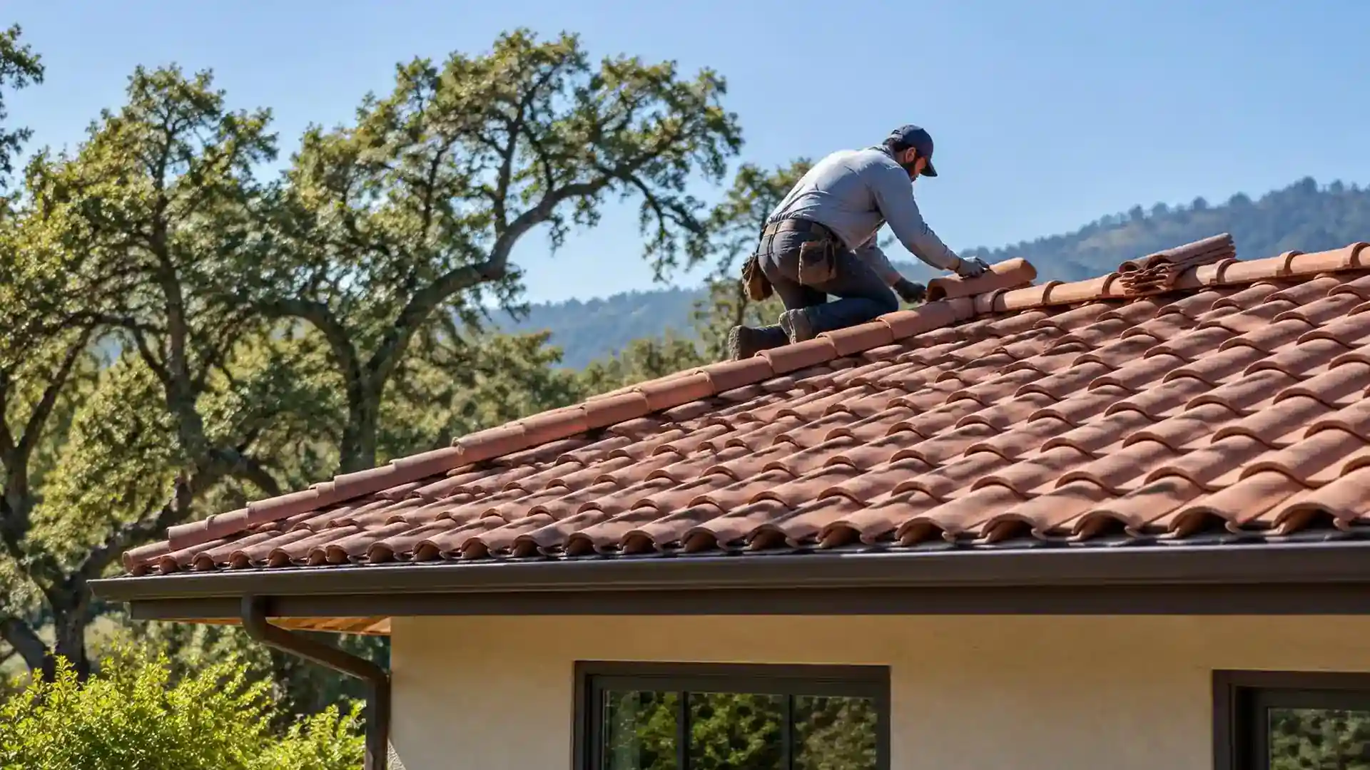 Roofer setting tile near the ridge of a roof.