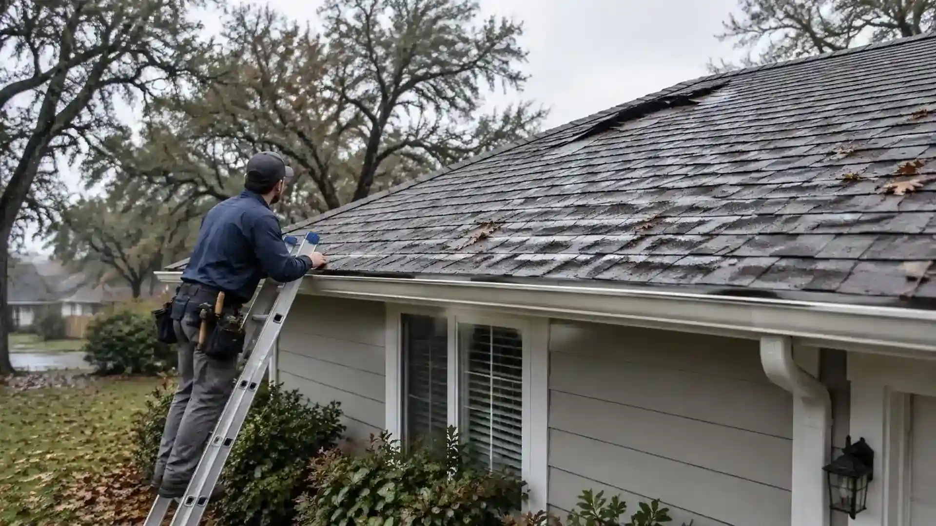 Roofer checking the edge of a storm-damaged shingle roof from a ladder.
