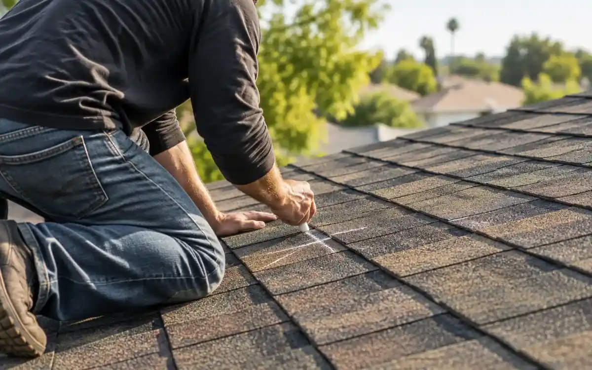 Roofer marking a spot on a shingle roof with chalk during an inspection