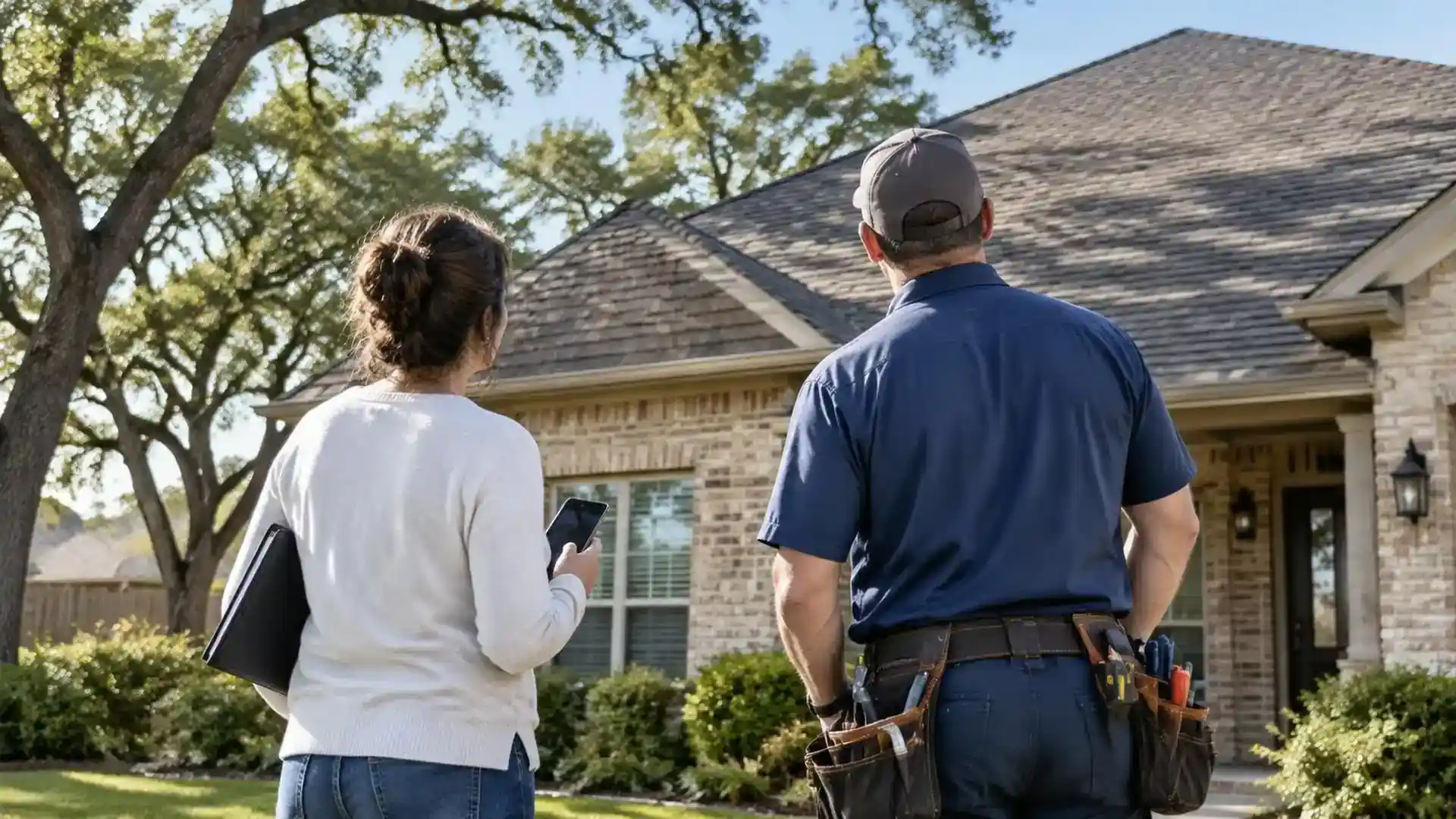 Homeowner and roofer looking at a shingle roof together.