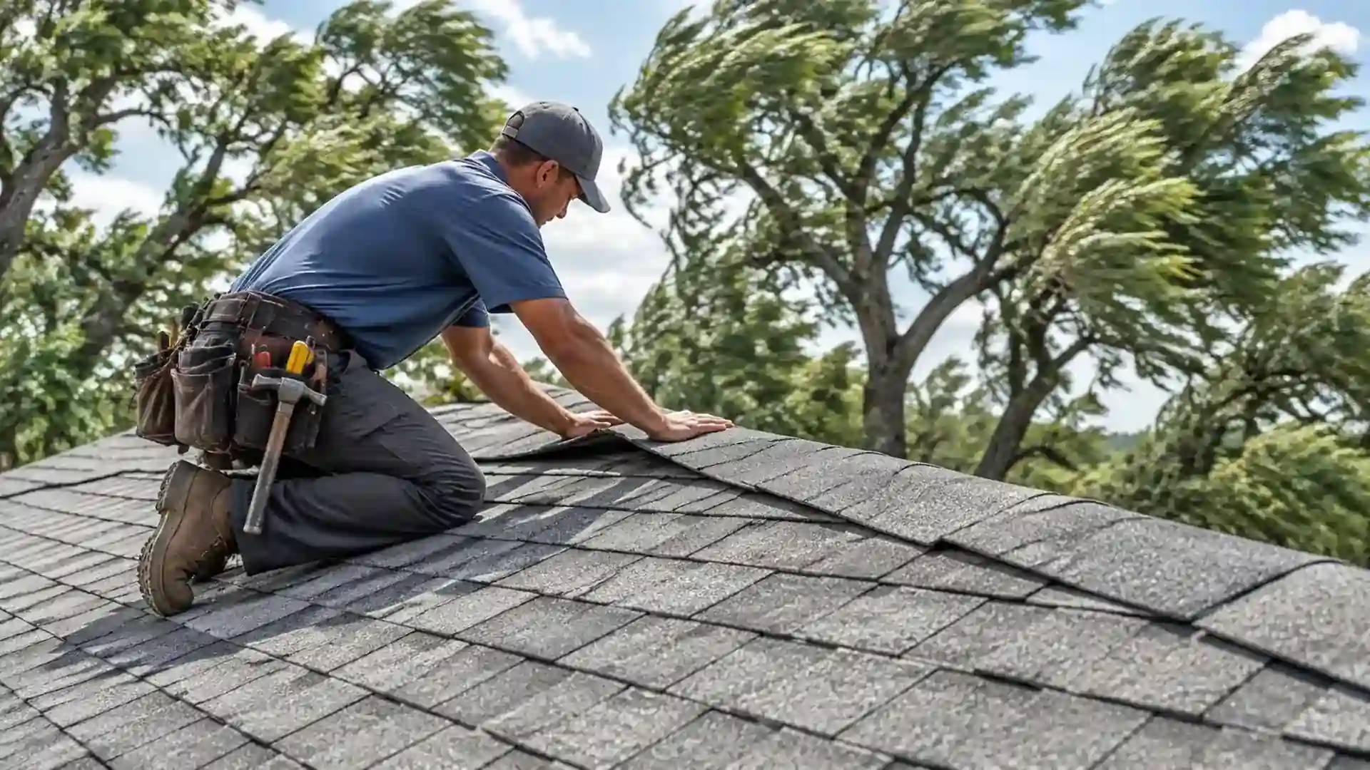 Roofer pressing down a lifted row of shingles near the ridge.