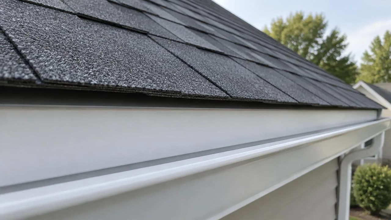 Close view of asphalt shingles at the roof edge, overhanging a white fascia and gutter.