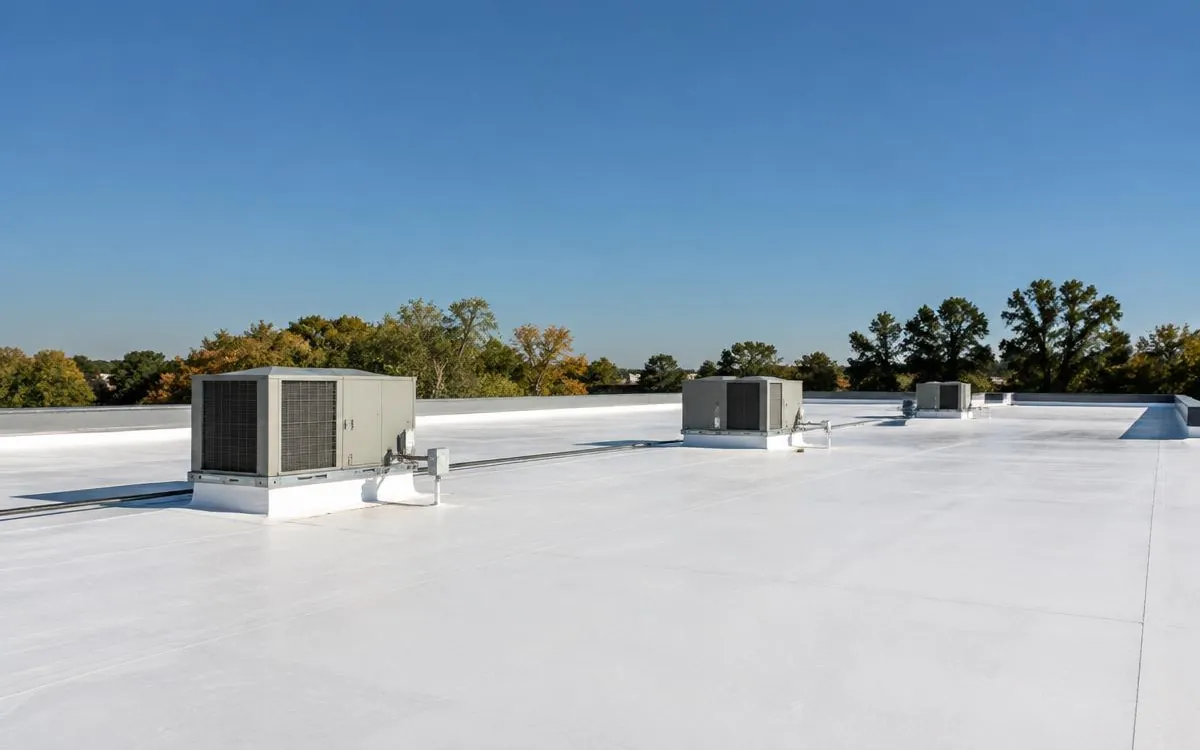 Flat commercial roof with a light membrane and rooftop units