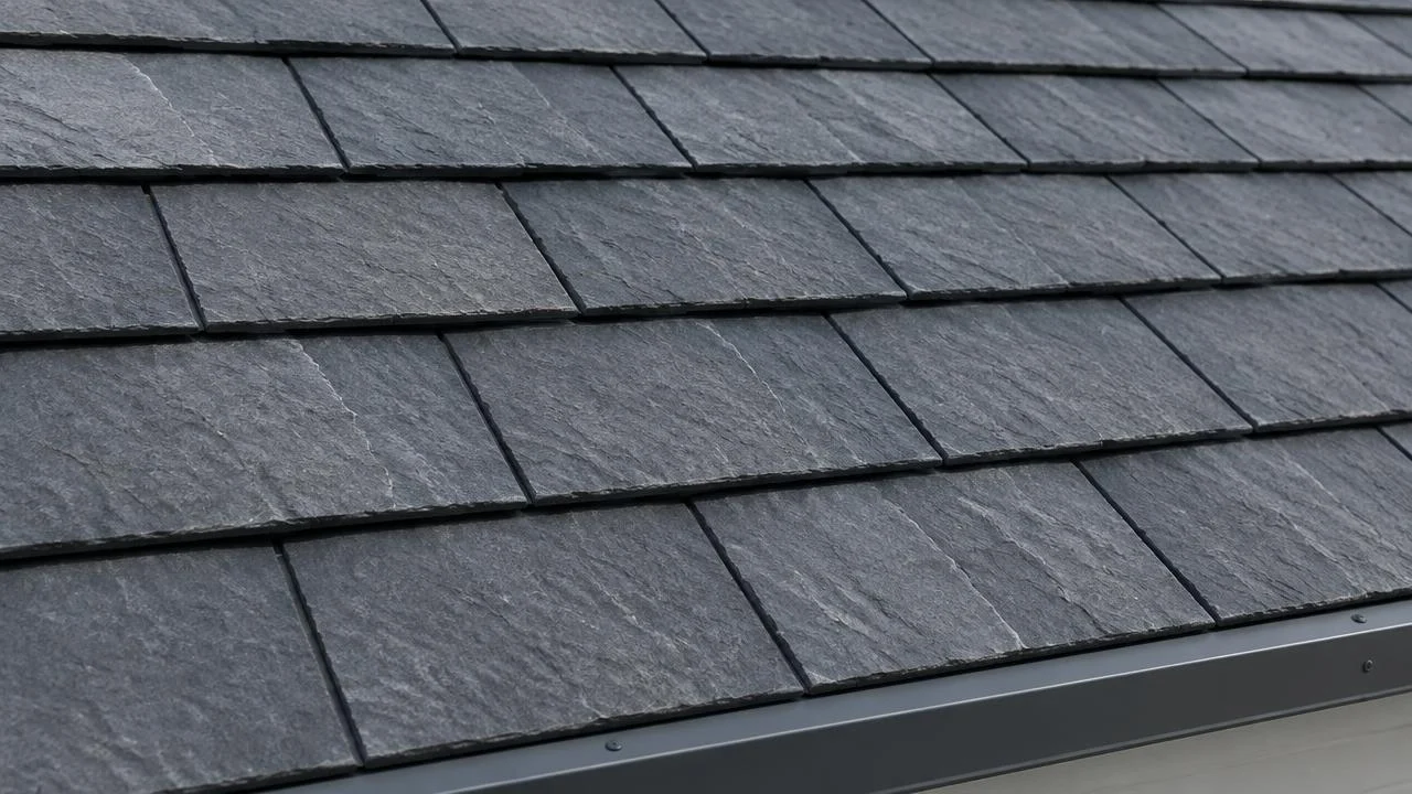 Synthetic composite shingles on a roof with a slate look.