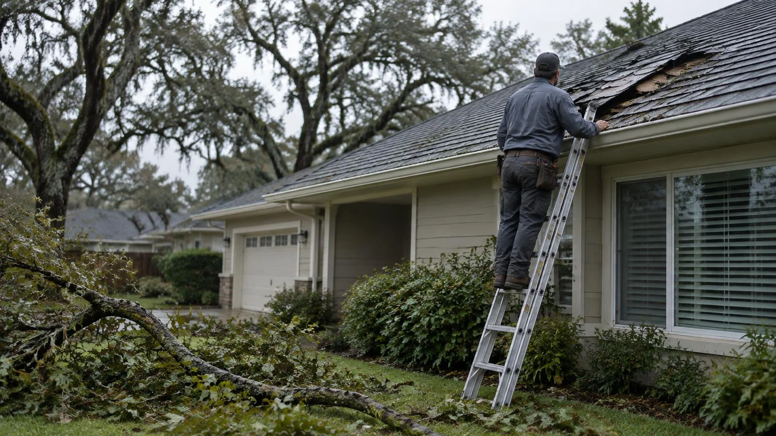 Roofer checking a storm-damaged section of a shingle roof.