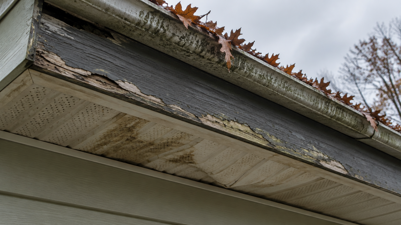 Peeling, darkened fascia board and stained soffit under a roof overhang.
