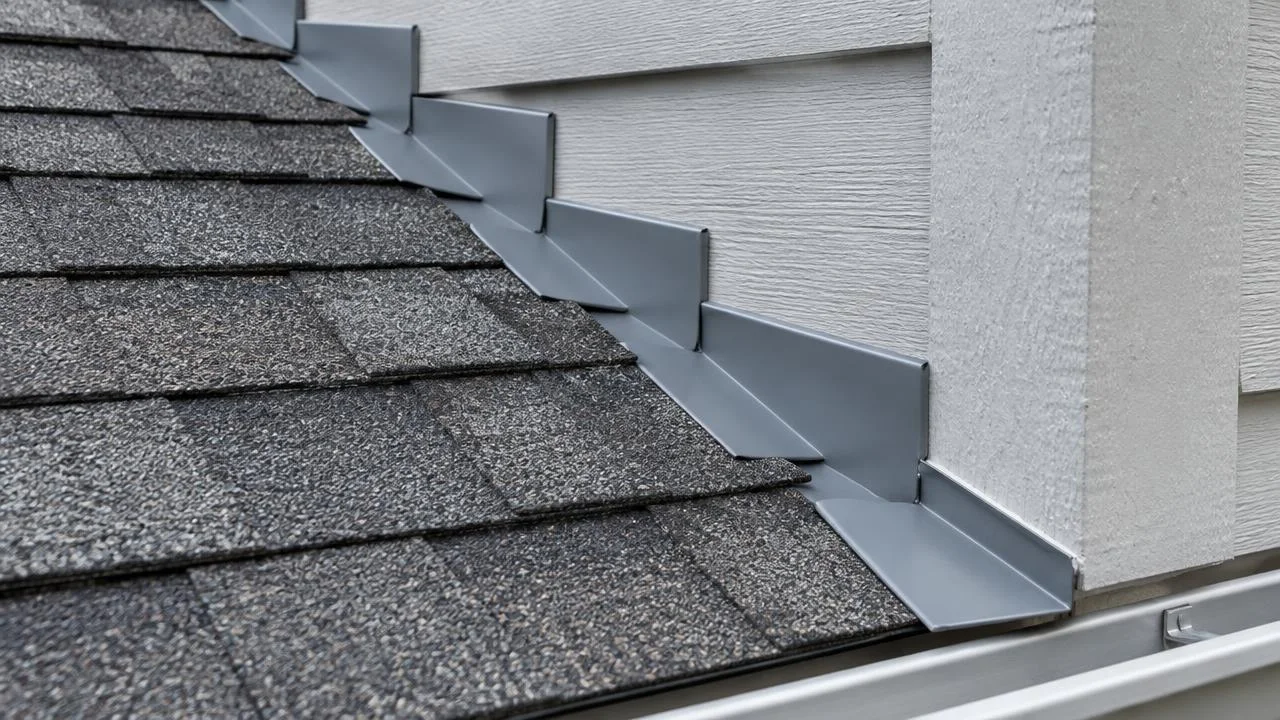 Metal step flashing along the joint where a roof meets a wall.