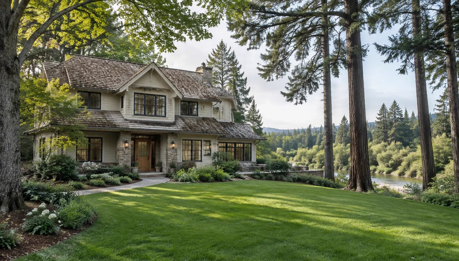 Two-story home with a wood shake style roof near a river and tall trees.