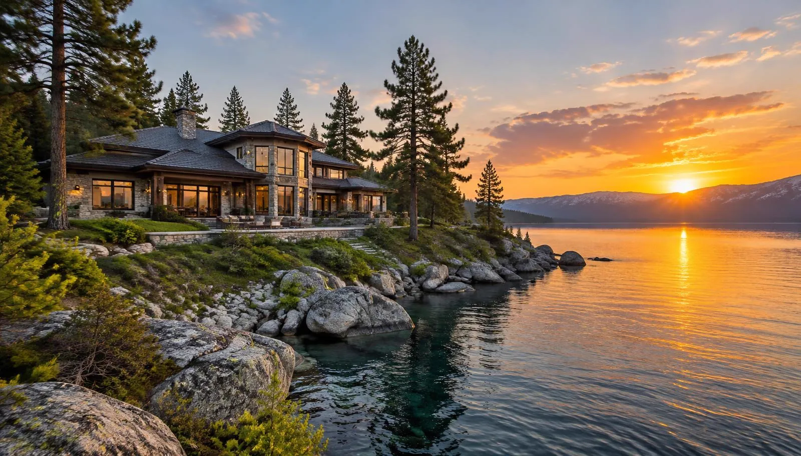 Large lakeside home with a dark tile roof among pines at sunset.