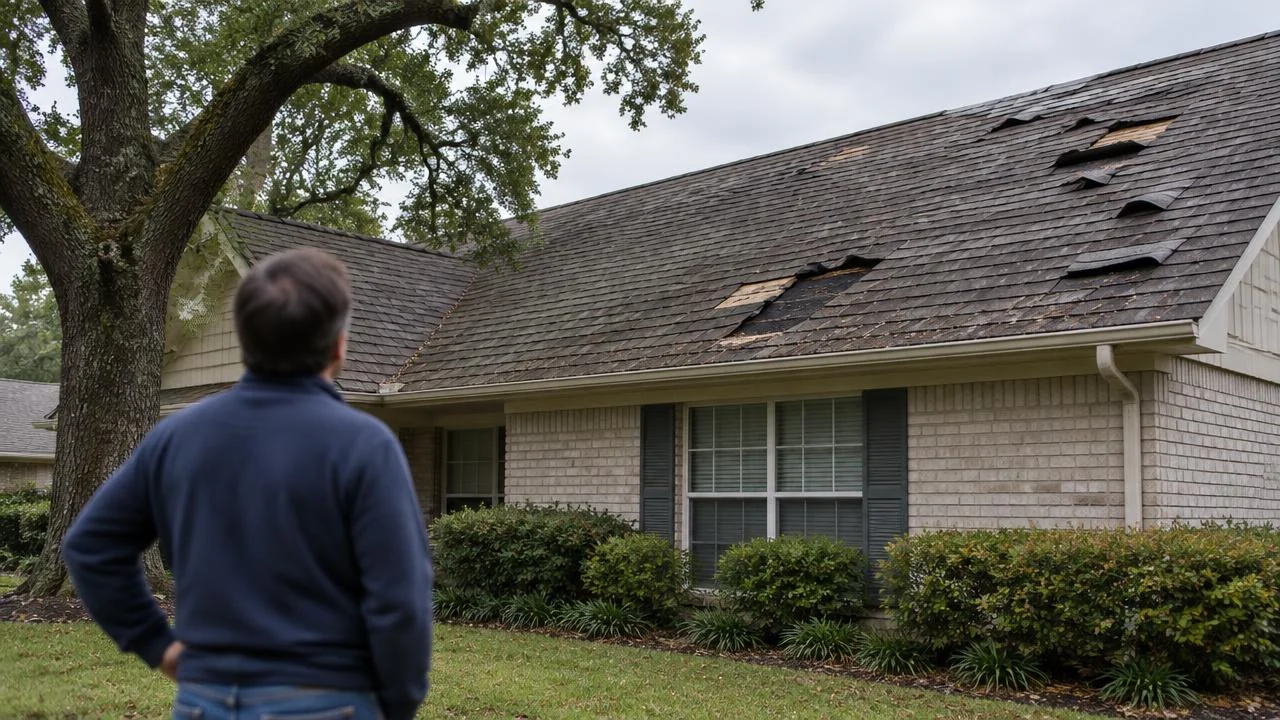Homeowner looking up at a roof with curled and missing shingles.