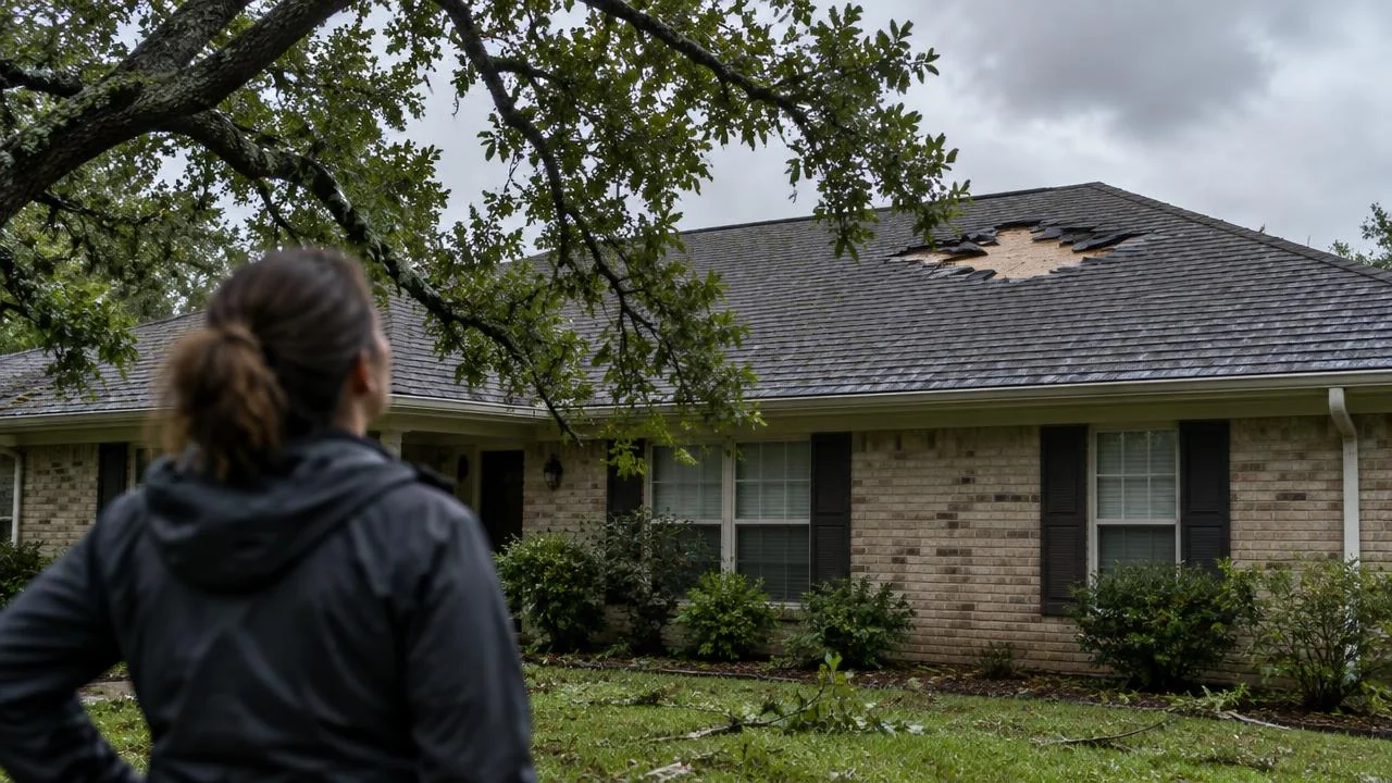 Homeowner looking up at a roof with a patch of missing shingles.