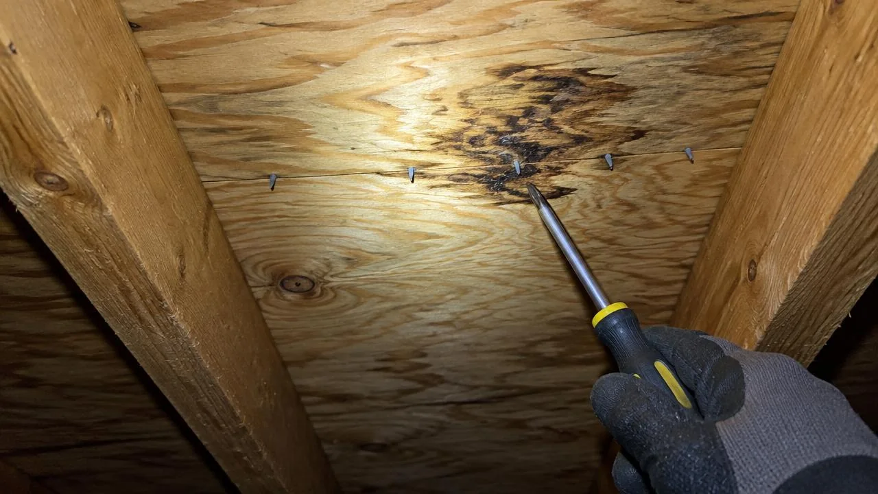 Dark damp patch on the plywood roof deck seen from an attic.