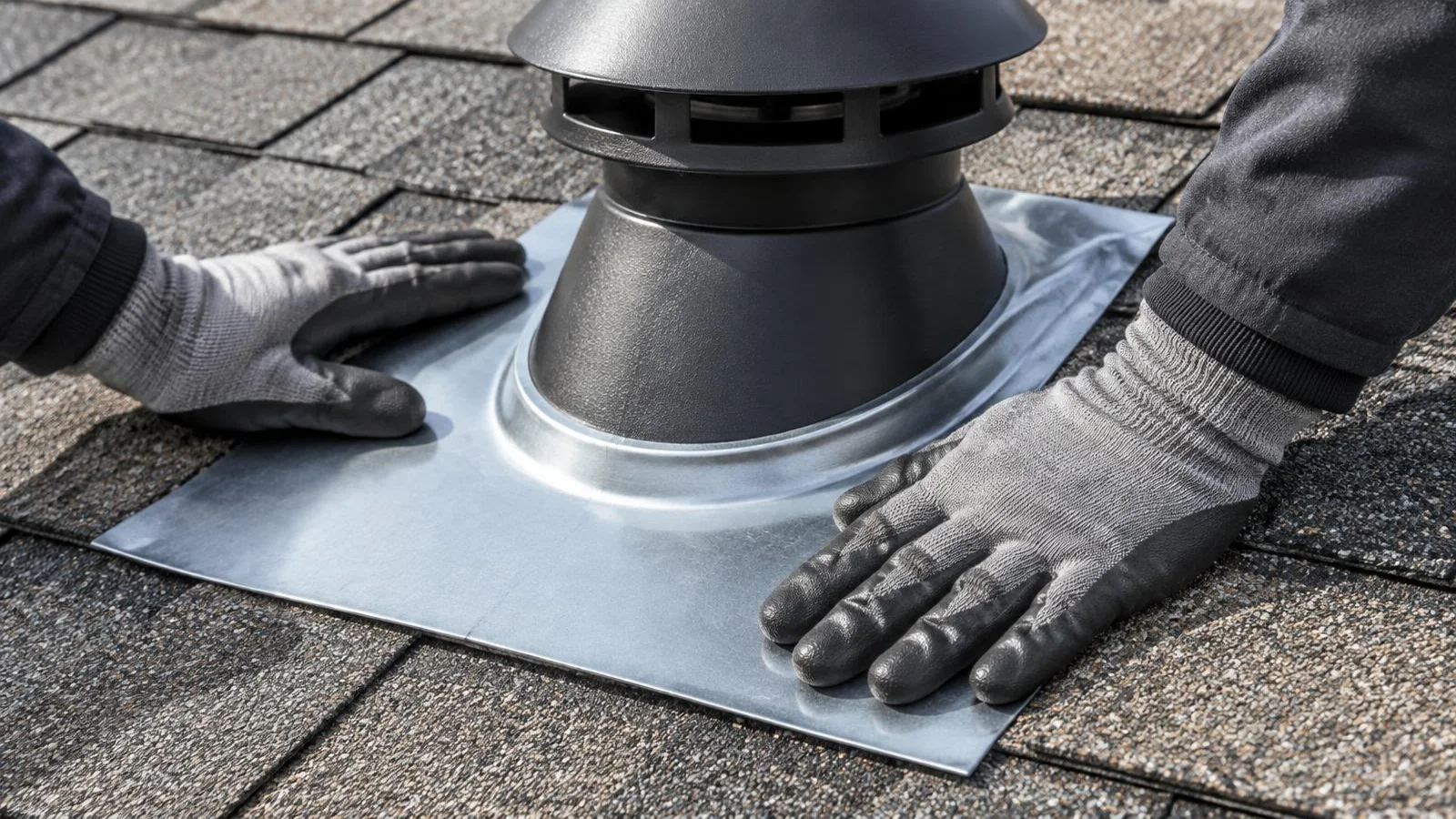 Roofer checking flashing around a chimney.