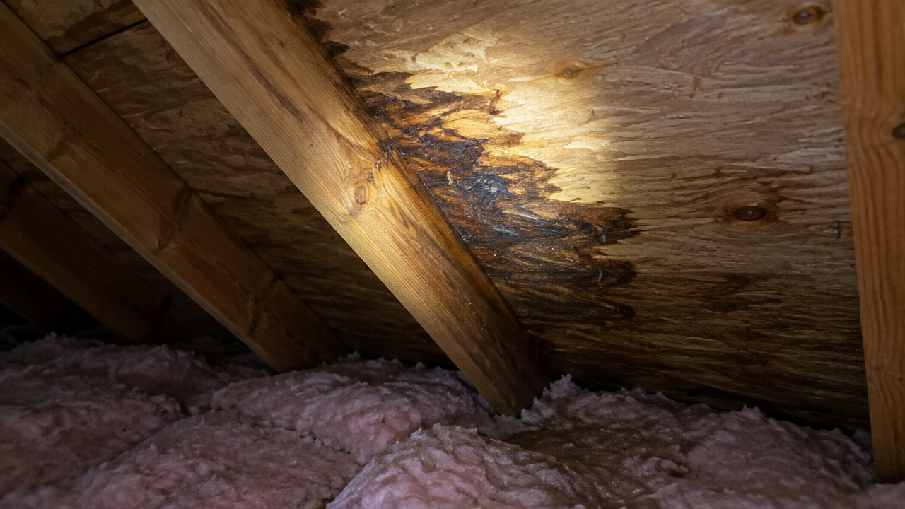 Water stain on attic rafters lit by a flashlight.