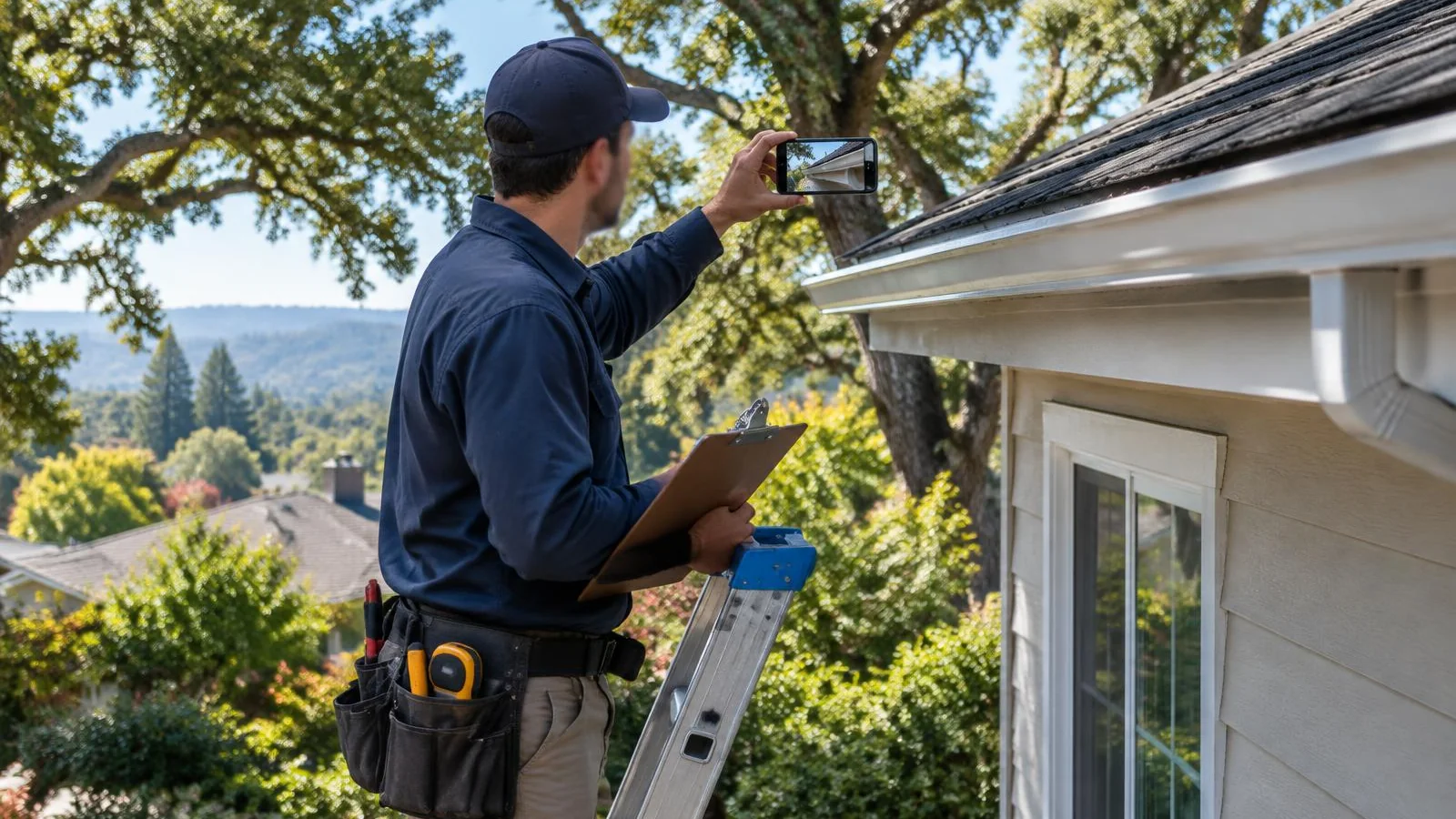 Roofer photographing a gutter edge from a ladder.
