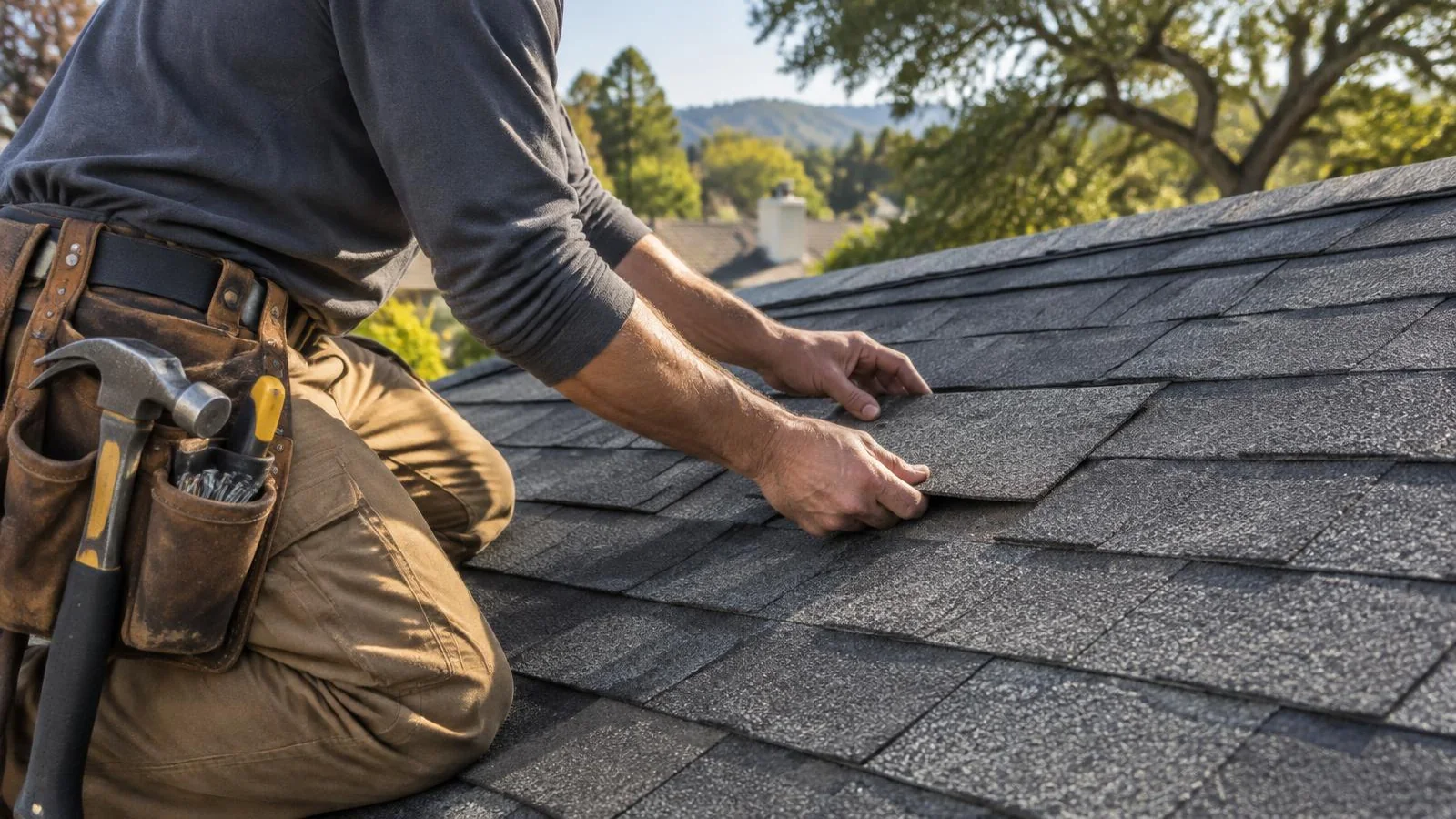 Hands fitting a replacement shingle on an otherwise sound roof.