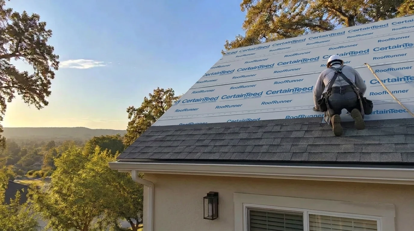 Roofer in safety gear installing dark shingles over synthetic underlayment on a suburban roof at sunset.