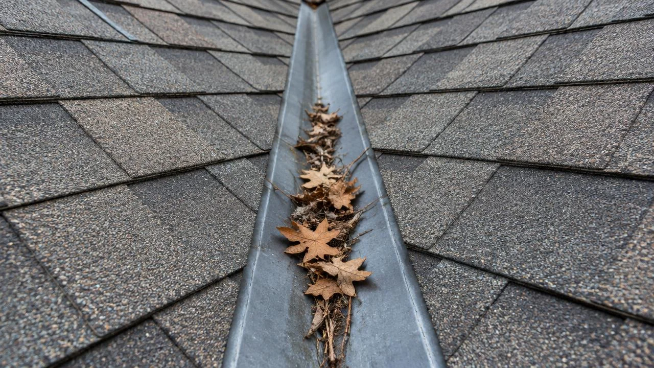 Oak leaves and twigs piled in a roof valley.