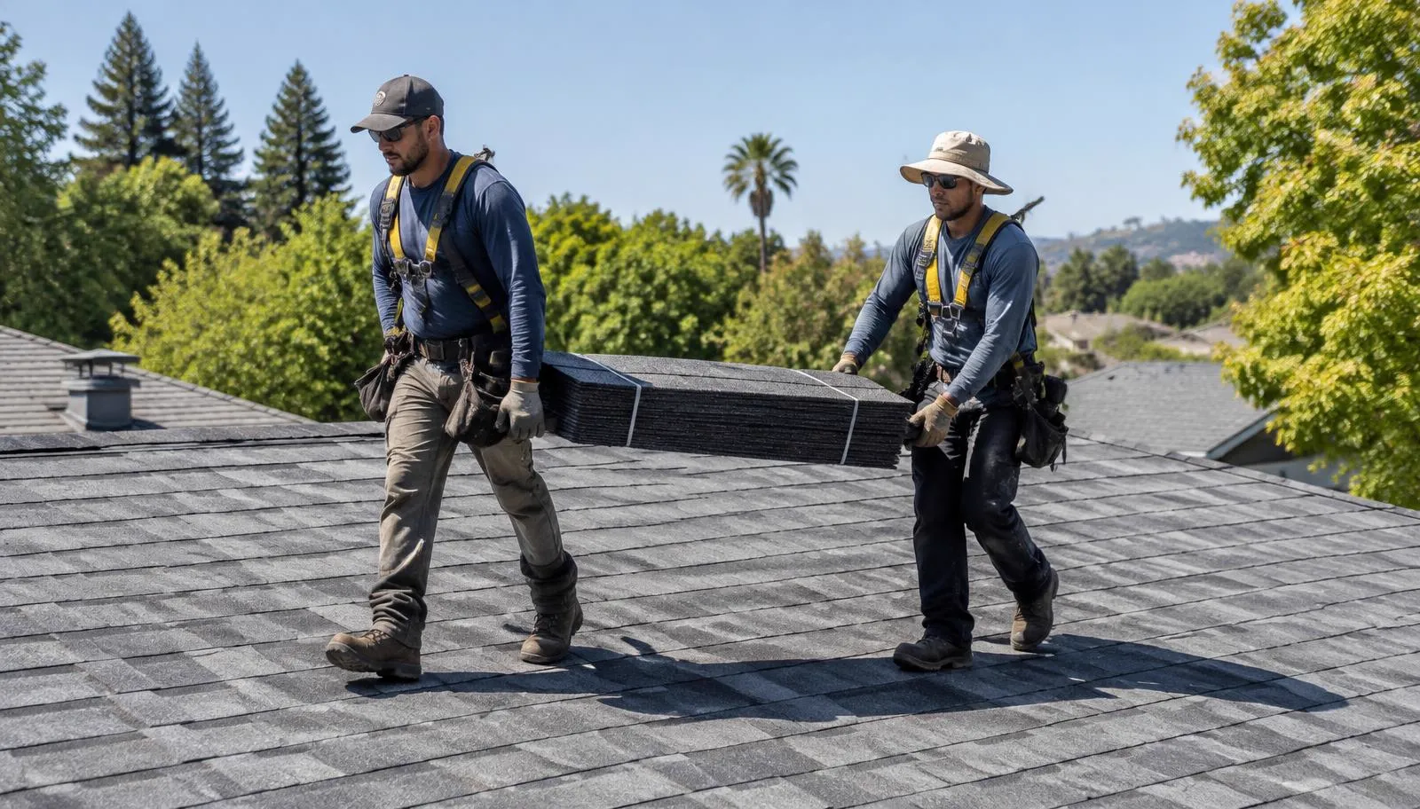 Two roofers in safety harnesses carrying a bundle of shingles across a roof.