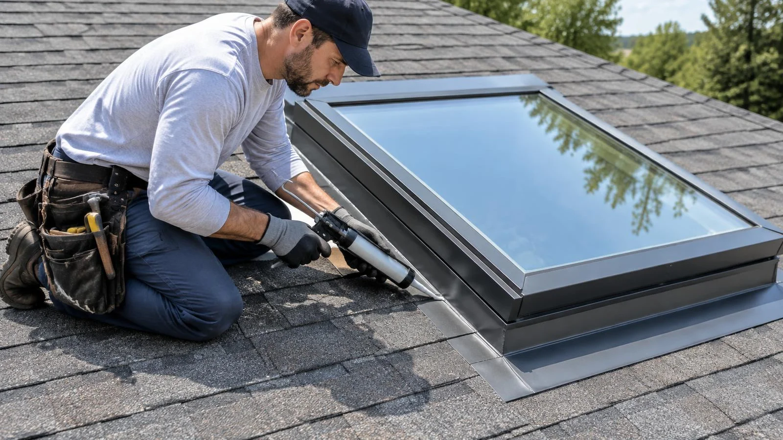 Roofer sealing flashing around a skylight on a shingle roof.