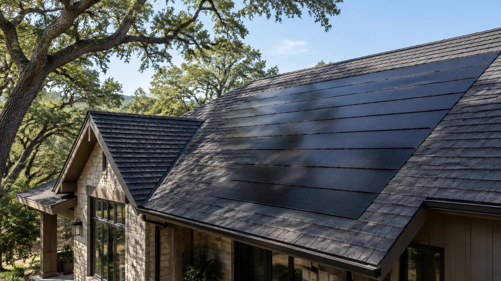 Home roof with solar roofing tiles set into the roof surface.