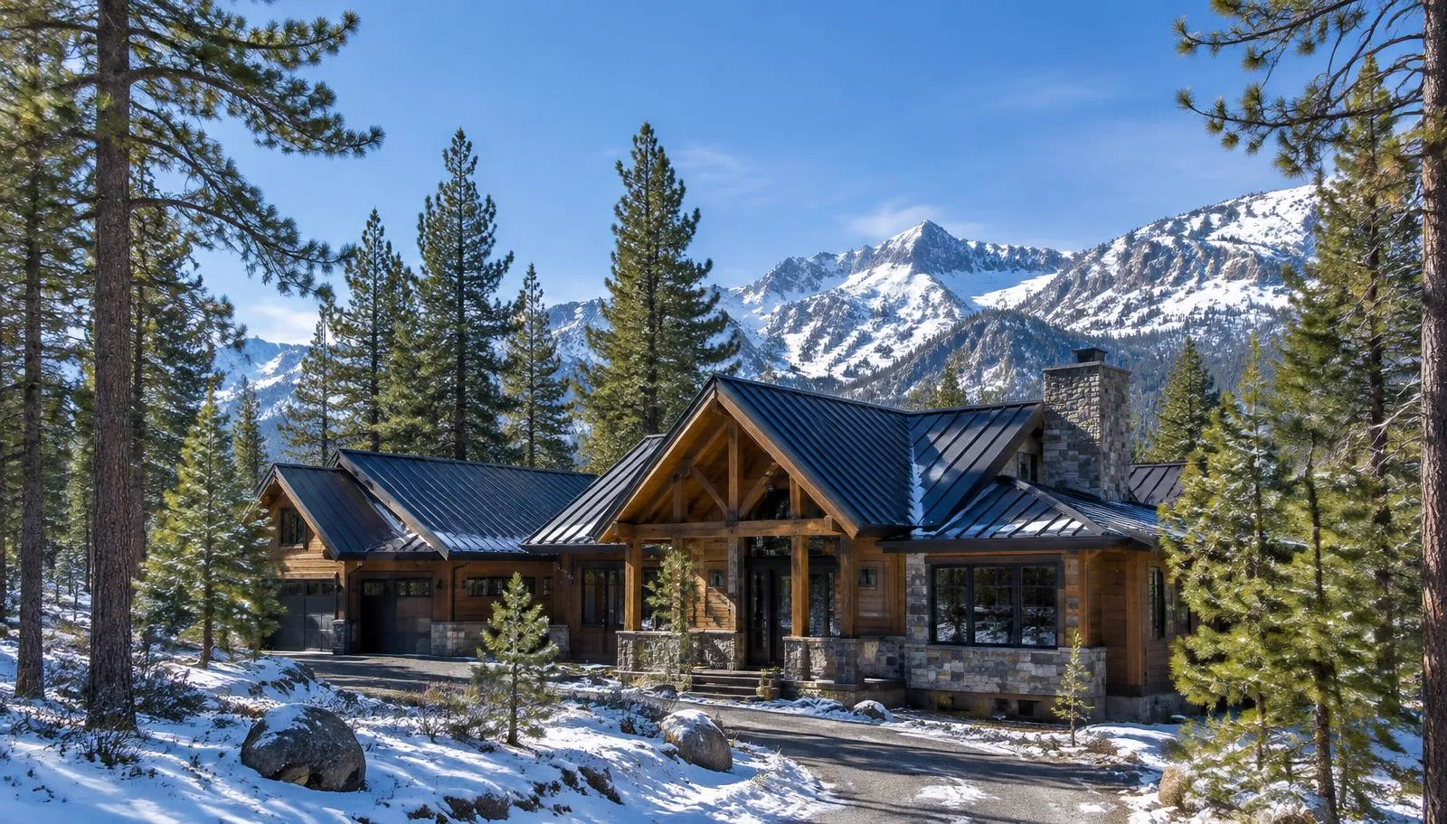 Mountain home with a dark metal roof among pine trees and light snow.
