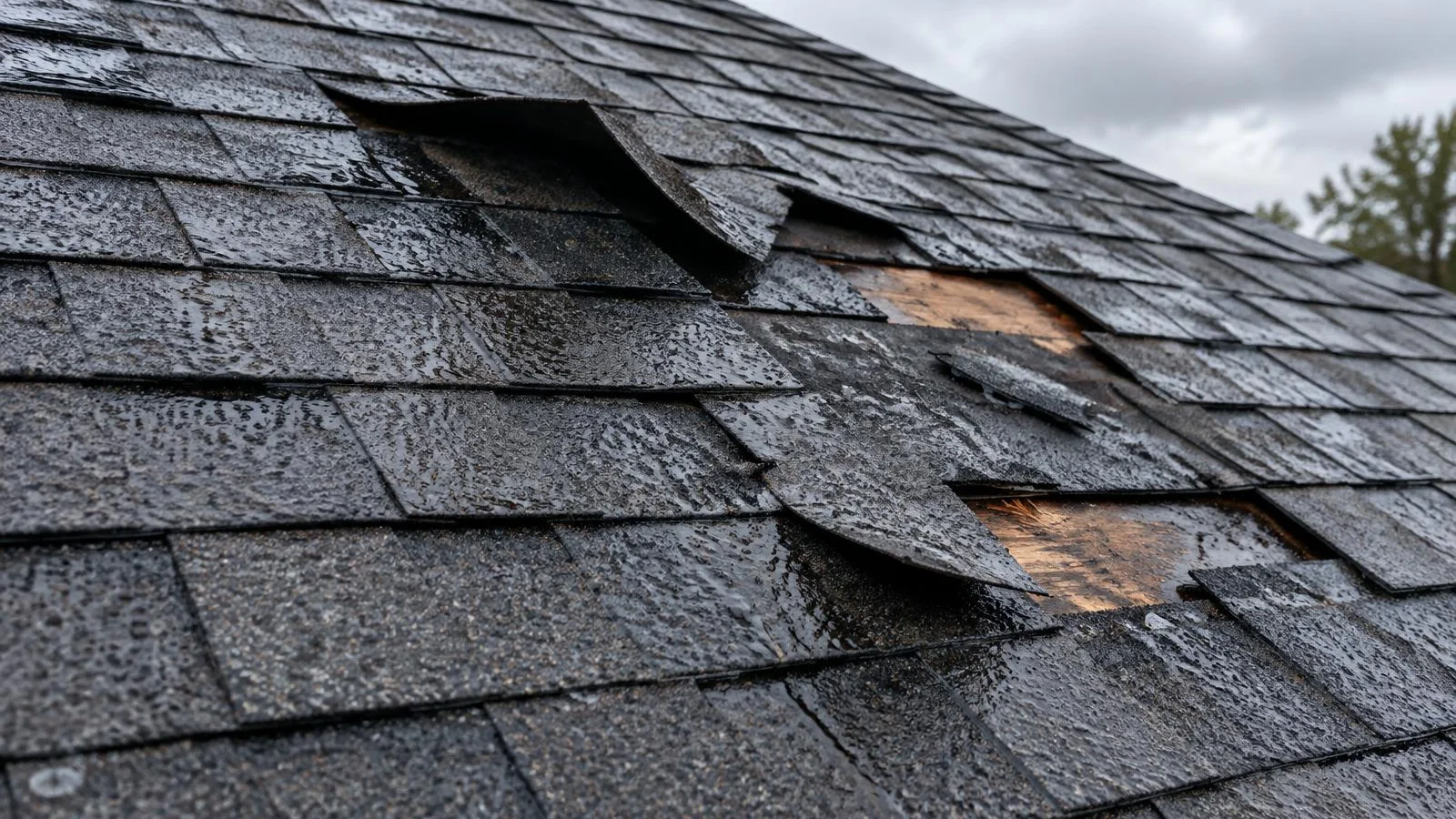 Roofer checking a storm-damaged section of a shingle roof.