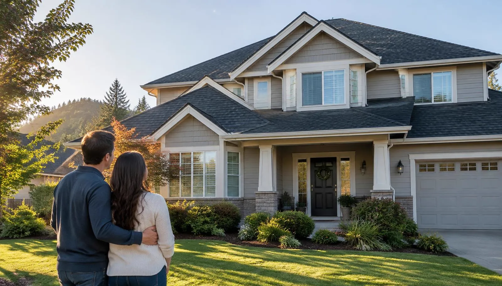 Couple on their front lawn looking up at the dark shingle roof of their home.