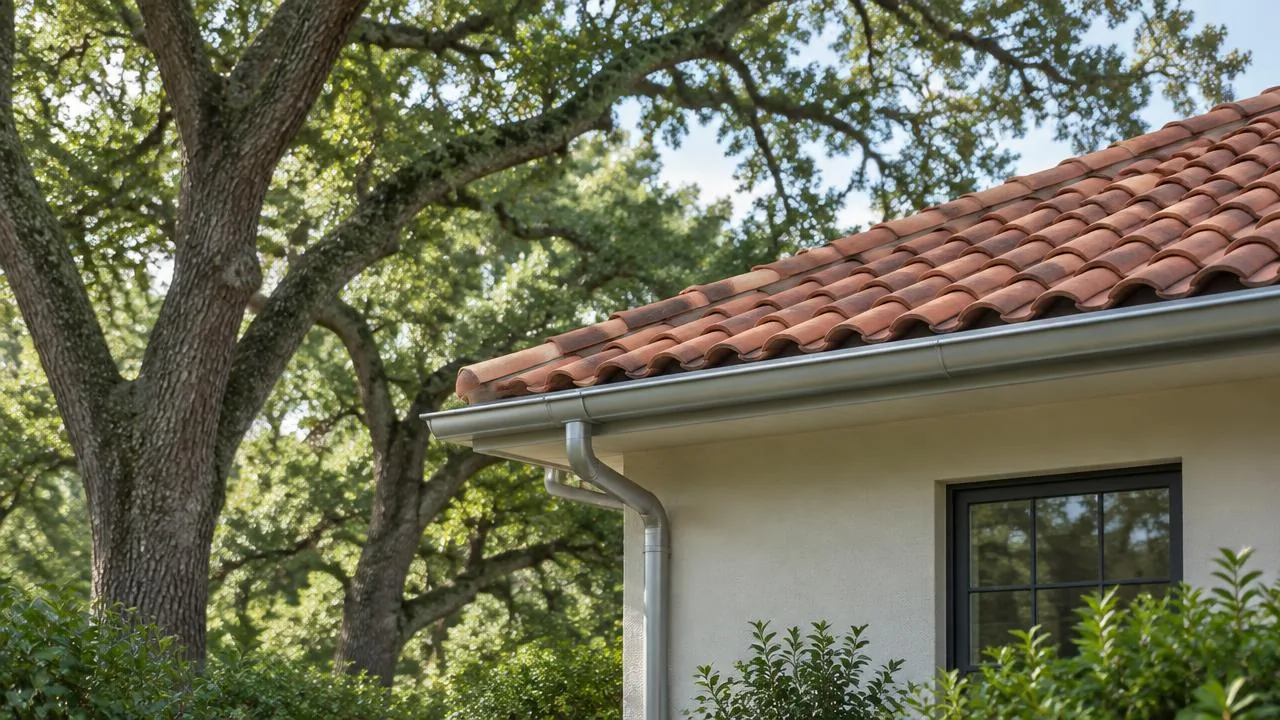 Tile roof on a home with oak trees nearby.