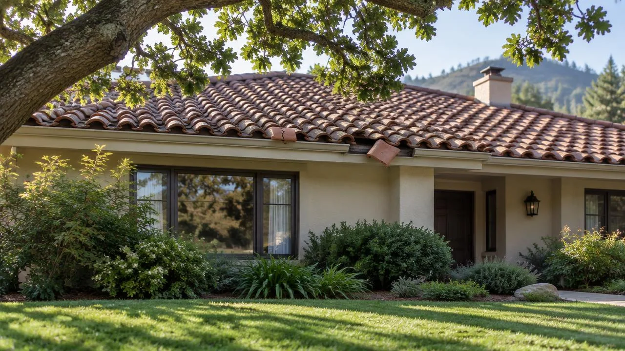 Tile roof with a cracked tile and a slipped tile near the eave.