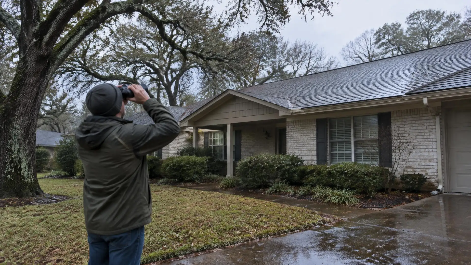 Homeowner checking a roof from the yard after rain.