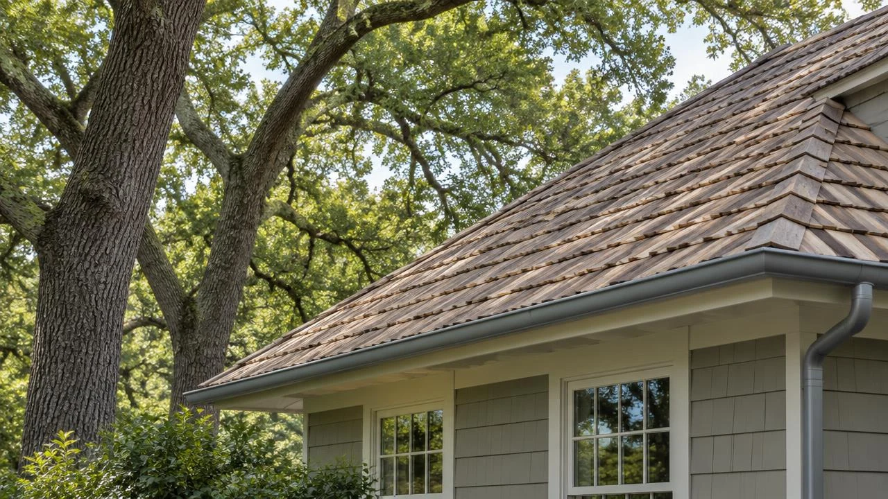 Wood shake roof on a home beside oak trees.